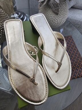 Tory Burch Spark Gold Leather Thong Sandals